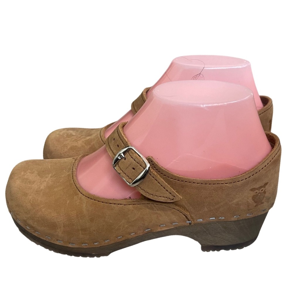 Sandgrens Swedish Wooden Mary Jane Clogs Tan Leather Sz 36/5-5.5 USA Handcrafted